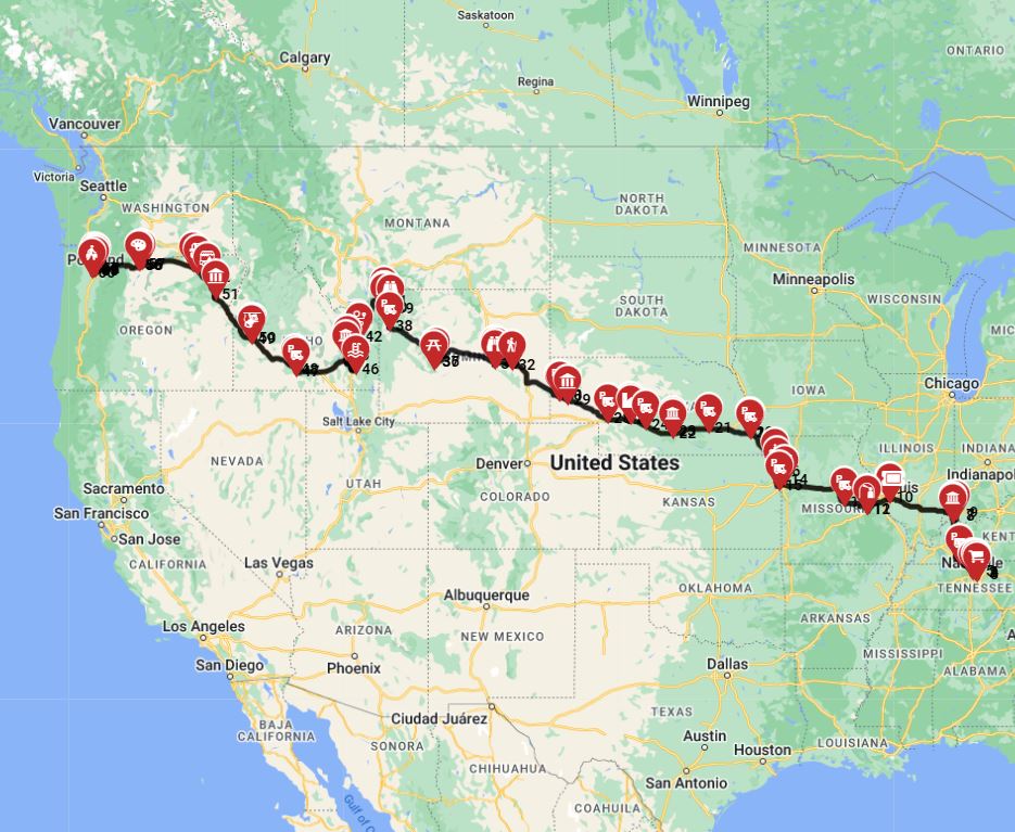Map for Nashville to Portland along the epic Oregon Trail